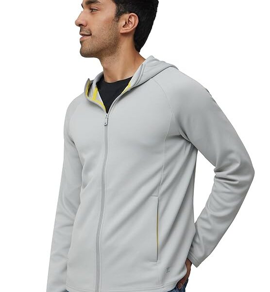Men's Light Gray Casual Full-Zip Hoodie with Yellow Accent