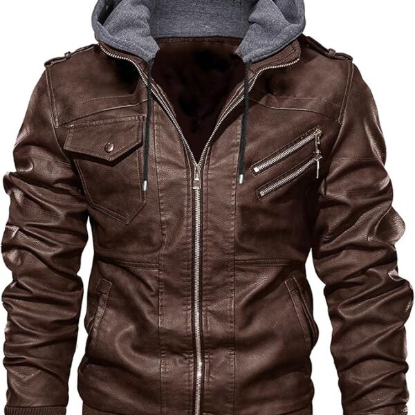 Men's Faux Leather Hooded  Jacket, Zip-Up, with Pockets, Removable Hood