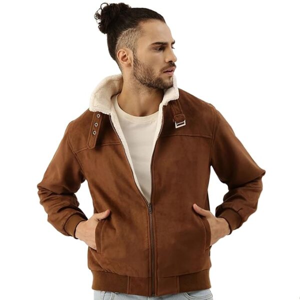 Men's Front Zipper Jacket With Fleece For Casual Wear  Long Sleeve  High Neck  Zipper Closure