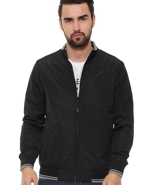 Men's Polyester Standard Length Casual Jacket- Black
