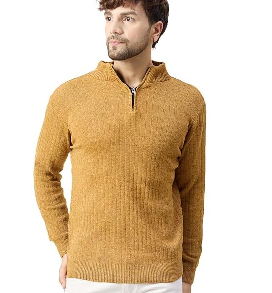 Men High Neck Zipper Full Sleeve Woolen Winter Sweat Shirt - Mustard