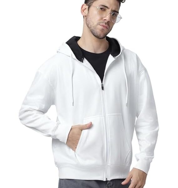 Long Sleeves Oversized Hooded Neck Zipper Baggy Hoodie Drop Shoulder Jacket for Men's- White