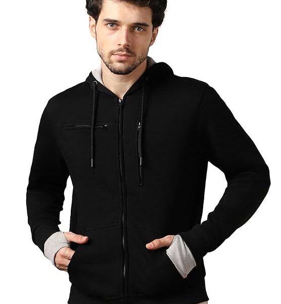 Men's Black Full-Zip Hoodie with Contrast Inner Lining and Zippered Chest Pocket