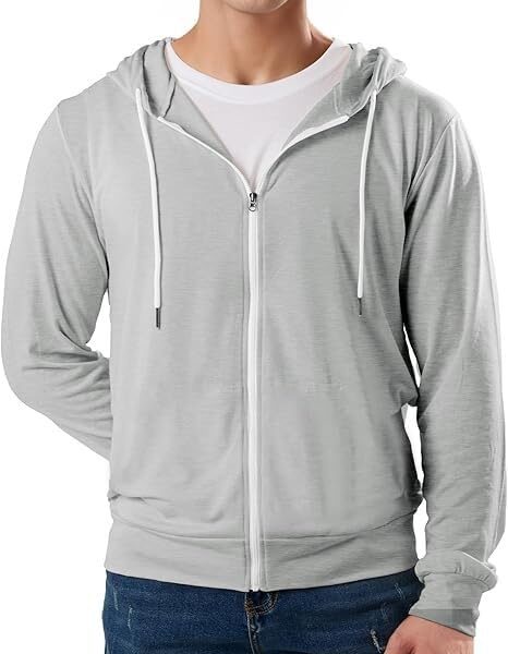 Mens Casual Solid Cotton Blend Relaxed Fit Hoodie T-Shirt with Drawstring - Full Zip Closure
