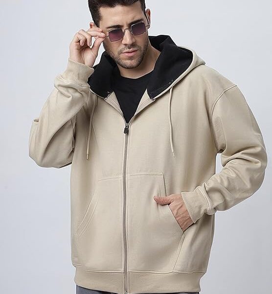Long Sleeves Oversized Hooded Neck Zipper Baggy Hoodie Drop Shoulder  for Men's