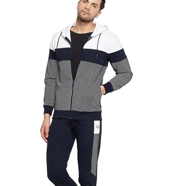 WEST Men's Cotton Fleece Winter Tracksuit - Dark Blue & White Abstract Design