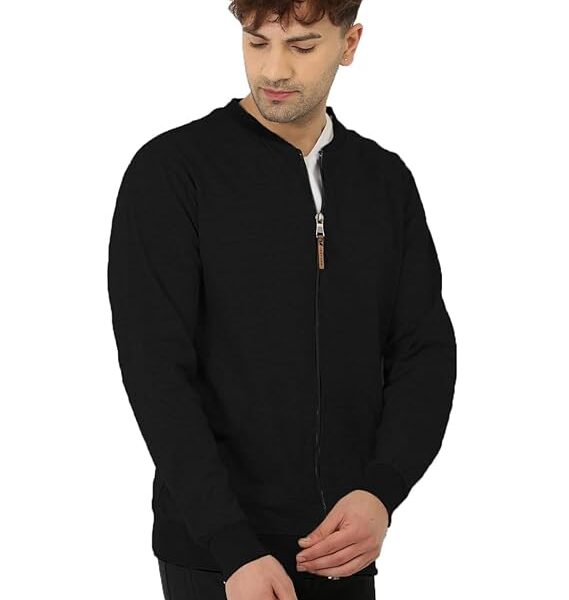 CASUAL JACKET For Men's Loop knit Full Sleeve Regular Fit Solid Bomber Jacket (Color Black)