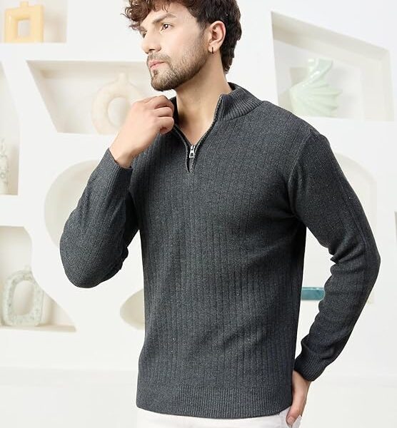 Men High Neck Zipper Full Sleeve Woolen Winter Sweat Shirt - Grey