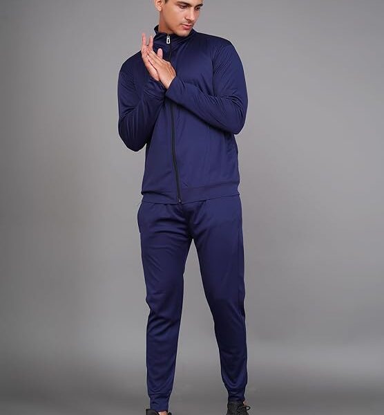 Men's Solid Cotton Lycra Blend Comfortable Two-Piece Matching Tracksuit – Blue