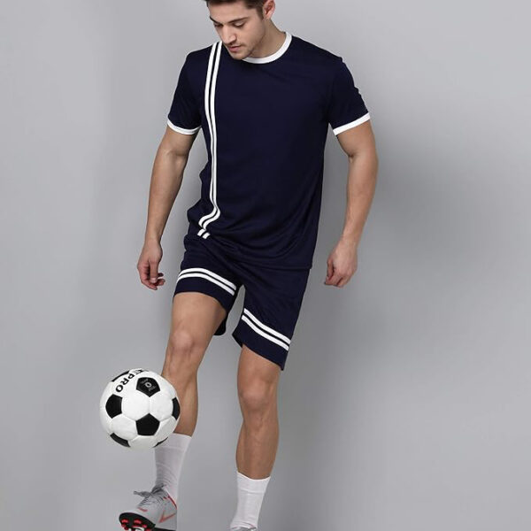 Navy Blue & White Striped Football Kit – Classic Soccer Uniform